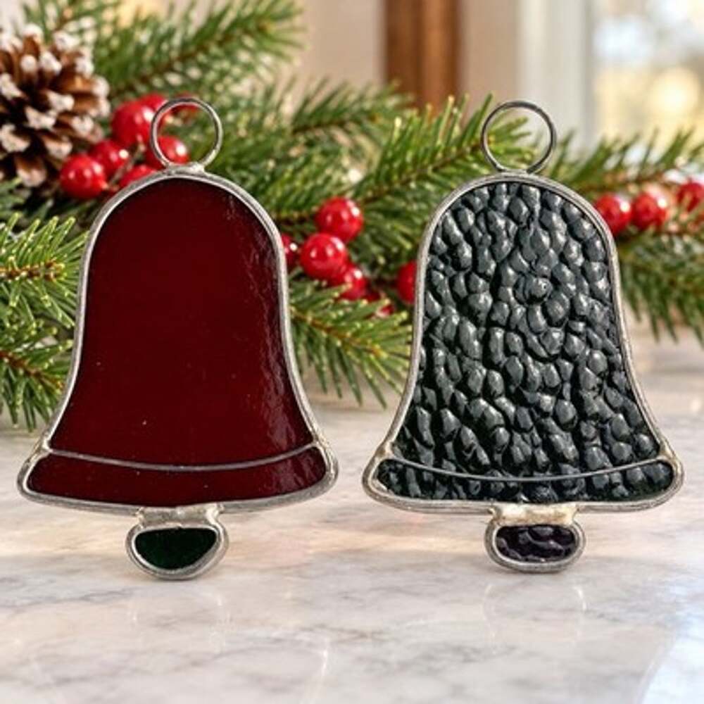 Set of 2 Stained Glass Christmas Bell Ornaments Red Green Handmade Signed